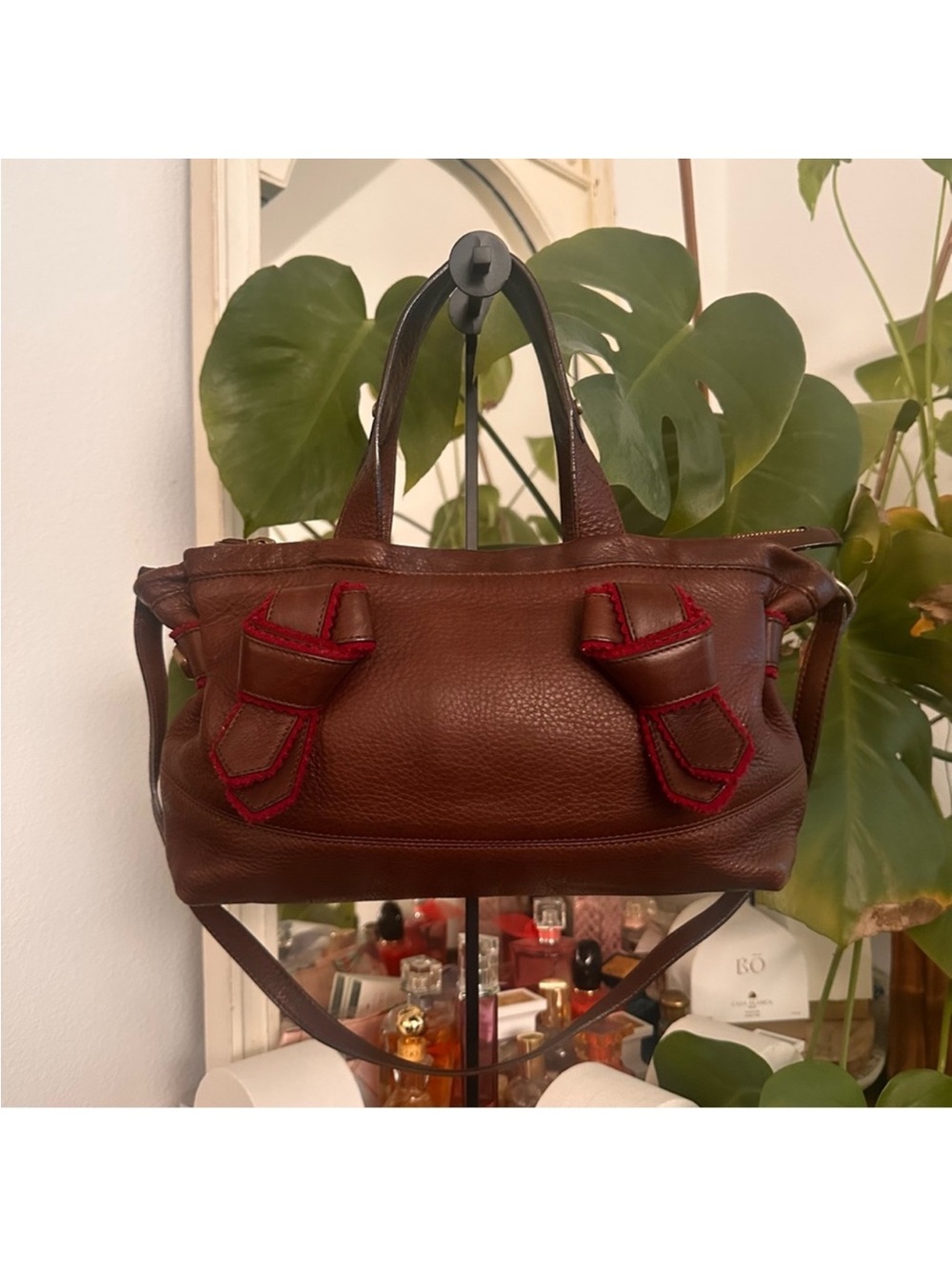 See by Chloe Brown Leather Womenโs Tote Handbag with burgundy Trim